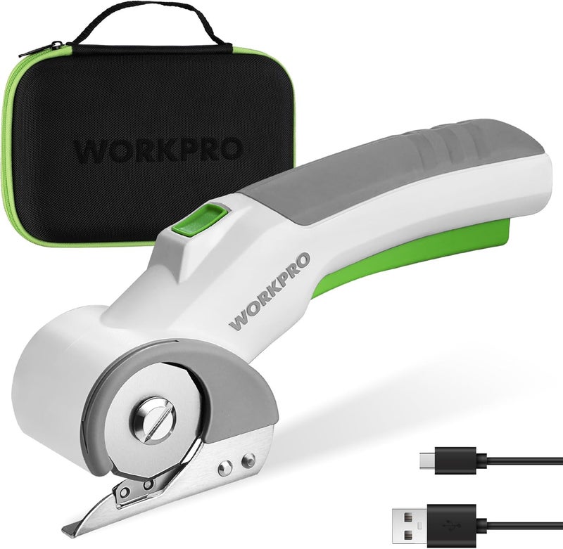 WORKPRO مقص كهربائي لاسلكي، أداة قص قوية قابلة لإعادة الشحن 4 فولت للأقمشة، الجلد، السجاد والورق المقوى، قواطع دوارة كهربائية للخياطة، تجميع القصاصات، والحرف اليدوية - Image 1